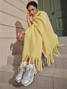 1 Peça Lenço Feminino de Cor Sólida com Acabamento de Borla, para Atividades ao Ar Livre e Aquecimento, Também Pode Ser Usado como Xale, Feriado - Amarelo - Visão 4