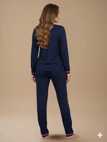 Pijama Feminino Americano LONGO Aberto Amamentação Inverno com botão e Cirúrgico. - Azul Marinho - Visão 2
