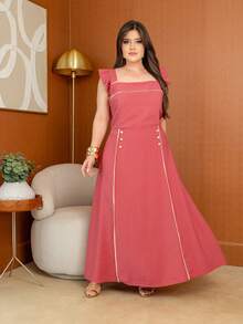 Women's Plus Size Long Dress With Straps - Watermelon Pink - View 2