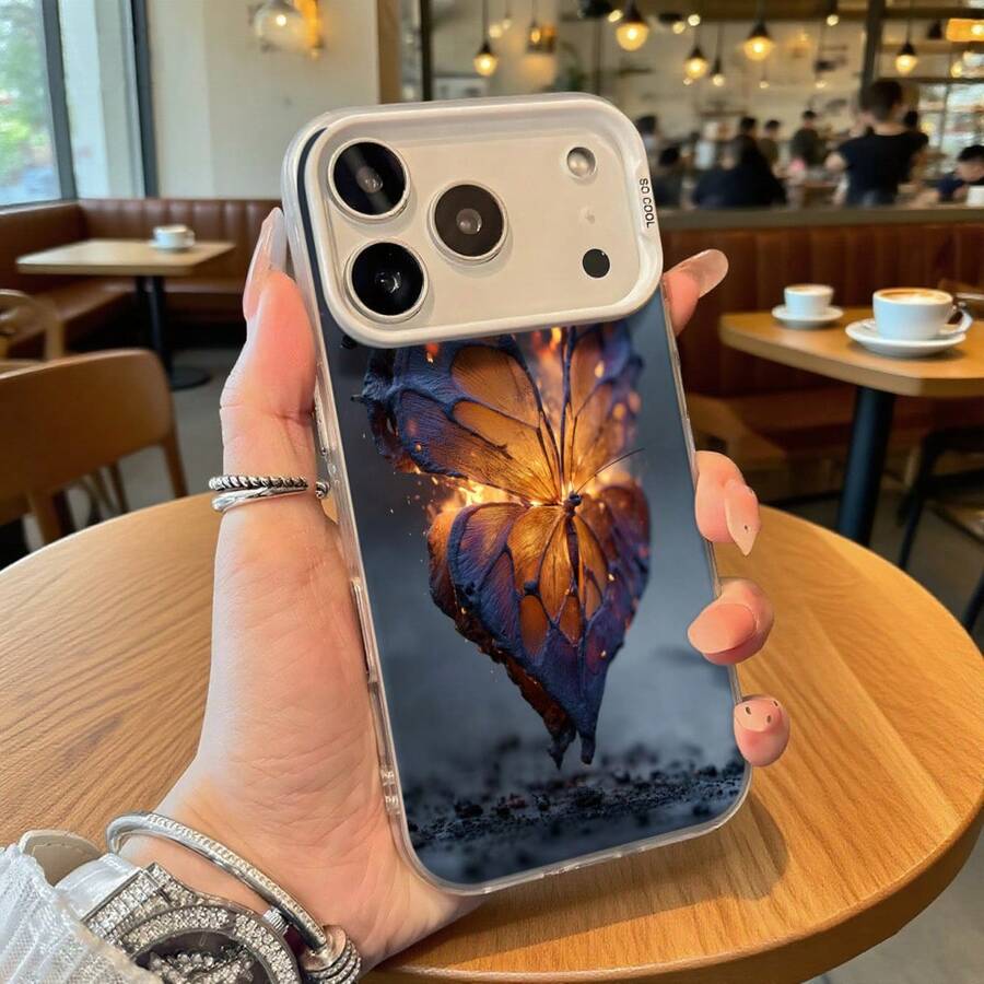 Funda de Teléfono Transparente con Patrón de Mariposa de Fuego para iPhone 14 15 Pro Max y Galaxy S23 S24, Opción de Regalo Ideal para Todas las Temporadas - Negro - Ver 1