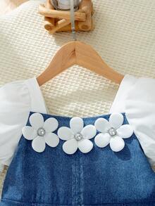 Gaun Kasual Anak Perempuan Motif Bunga Denim Imitasi dengan Resleting Tersembunyi, Lengan Pendek Selutut, Musim Panas - Biru - View 4