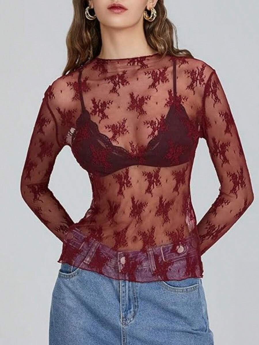 Women's Sheer Lace Mesh Top, Fashionable Slim Fit Long Sleeve Faux Collar Floral Blouse, Casual Outing T-Shirt - 酒紅色 - 查看 1
