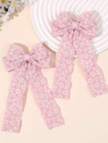 2pcs Cream/Pink Lace Hair Bows For Girls ,Sweet Flower Print Hair Clips With Long Ribbons ,Alligator Clips ,Elegant Barrettes ,Hair Accessories For Daily Life ,Vacaton & Festivals,Favor Gifts