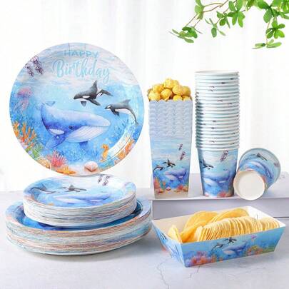蓝鲸和海豚生日快乐图案一次性餐盘、杯子、爆米花盒、食品容器套装，适合24位客人，一次性纸盘派对餐具套装，适用于生日、婚礼、派对、家庭野餐