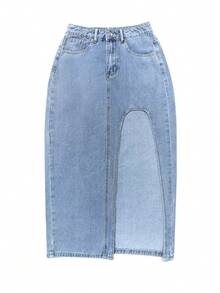 Women's Sexy Y2K Pocketed High Slit Hem Casual Denim Mini Skirt - Light Wash - View 4