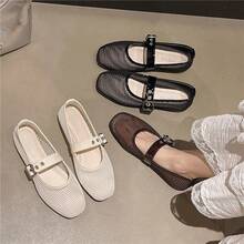 女士芭蕾舞鞋，春夏玛丽珍鞋，低鞋面透气厚带方扣黑色平底鞋 - 黑色 - 查看 7