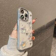 1pc Celestial Star Metal & Glitter Silver Rim Epoxy Design Full Body Shockproof Phone Case, Compatible With IPhone 11 12 13 14 15 16 17 Pro Promax Series - Clear - View 4