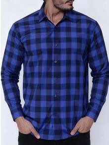 Men's Casual Long-Sleeved Plaid Shirt - 皇家藍 - 查看 8