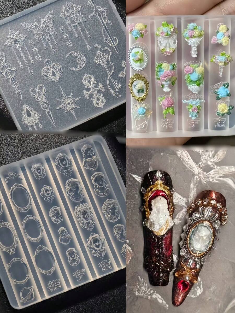 2pcs Nail Art Mold Set, Vintage Baroque Floral Embossed Frame Design, 3D Raised Nail Decoration Silicone Molds - Clear - View 1
