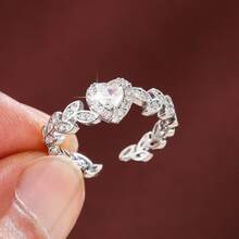 1pc Minimalist Olive Branch Heart Shaped Design Cubic Zirconia Adjustable Open Ring, Couple Gift - Multicolor - View 8