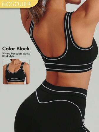 GOSOUER Women's Colorblock Racerback Sports Bra, High-Impact Support, Suitable For Running, Workout, Fitness, With Pads