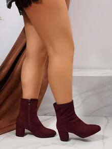 Inspired Patent Leather Square Toe Tall Boots, Slim Fit Chunky Heel Riding Boots For Women, Warm Lining For Autumn/Winter - Burgundy - View 6