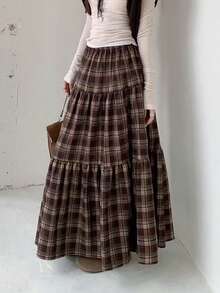 EARO Women's Long Plaid Layered Skirt, Comfortable Fabric, Non-Stretch Elastic Waist, Casual Long Plaid Skirt, Suitable For Daily Wear - 咖啡色 - 查看 3