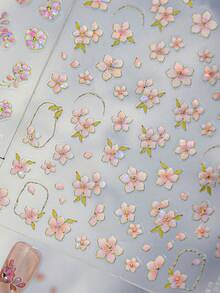 1pc Chinese Mother-Of-Faux Pearl Pink Floral Enchanting Blooming Petals Sparkling Flowers Press-On Nail Stickers 5D Nail Art Botanical Elegant Oriental Self Adhesive Nails For Women's Sophisticated DIY Manicure Decals Nail Supplies - Multicolor - View 2