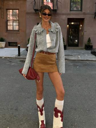 秋冬女装：优雅简约开衫，春秋都市摩登灰色卷领宽领荷叶边单扣修身短袖针织上衣，女士圣诞开衫，新年开衫毛衣，派对外套，舒适开衫，女士优雅针织上衣，女士休闲针织开衫，女士冬季服装，休闲舒适针织开衫，灰色保暖针织开衫，情人节开衫