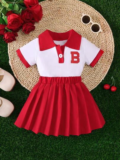 2pcs Baby Girls' Summer Collegiate Style Letter Print Collar Shirt & Pleated Skirt Set, Outdoor Outfit