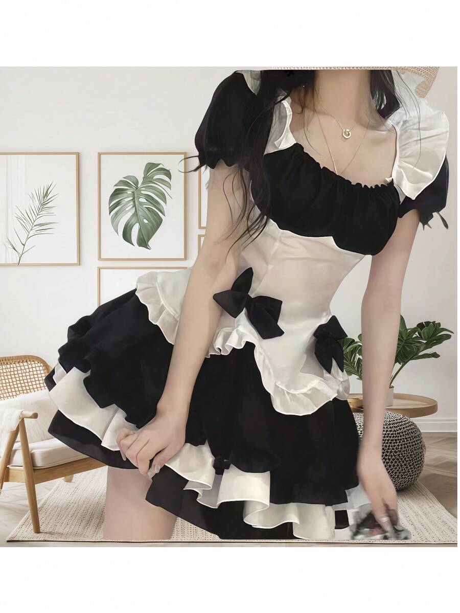 1件套软萌女仆黑白洛丽塔服装，可爱洛丽塔连衣裙，适合年轻女孩、派对、拍照、角色扮演