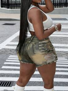 Rave Y2K Street High Stretch Diagonal Pocket Frayed Hollow Out Distressed Denim Mini Shorts, Sexy Club Wear Denim Shorts For Spring/Summer - Millennium Yellow - View 4