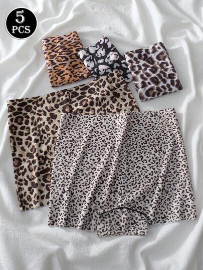 5条装女士豹纹三角裤，亲肤舒适，优雅简约中腰设计，无缝塑形收腹短裤，防摩擦