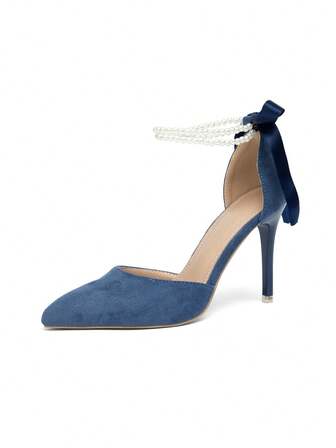 Zapatos de tacón alto de punta fina con un tirante, lazo y perlas, elegantes y sexys para citas y fiestas, color azul marino