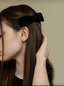 2 件装纯色女士天鹅绒双层蝴蝶结发夹 - 适合任何场合，理想的情人节发饰，爪夹，发夹，发卡，头饰，发卡 - 黑色 - 查看 4