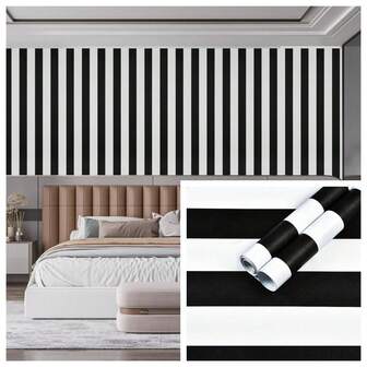 1 Roll Of Modern White And Black Striped Contact Paper, Peeled And Pasted, Self-Adhesive, Waterproof, Removable Vinyl Wallpaper, Shelf Liner Paper, Self-Adhesive, Suitable For Wall Furniture, Cabinets, Bedrooms, Kitchens, Bathrooms, Home Decoration Autumn Aesthetics