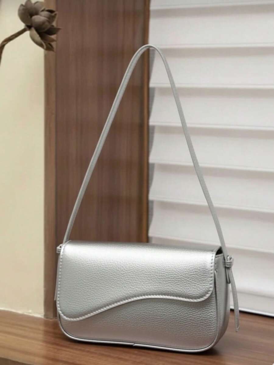 Elegant Women's Baguette Shoulder Bag With Adjustable Strap - Silver - View 1