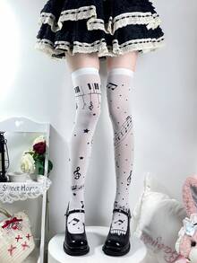 1 đôi tất dài đến đùi kiểu Lolita dễ thương với họa tiết nốt nhạc dành cho nữ - Nhiều màu - Xem 2