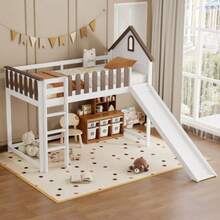 Loft Bed With Roof And Window, With Straight Staircase, Junior Bed, Children's Bed With Slide, Pine + MDF, White + Walnut, 90x200 Cm - White - View 4
