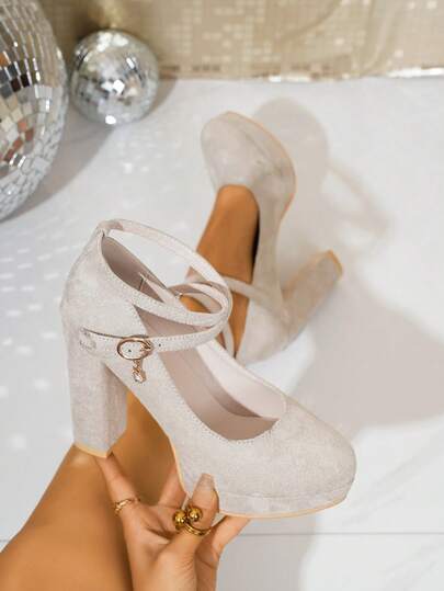 Women's Mary Jane Pumps, Korean Style Cross Strap Super High Heel Thick Heel Sexy Platform Versatile Plus Size Pumps, Nightclub Buckle Strap Crossover
