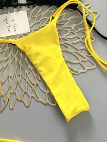 两件套休闲优雅性感波西米亚风花卉系带编织比基尼泳衣，适合海滩度假、春夏穿着 - 黑色 - 查看 4