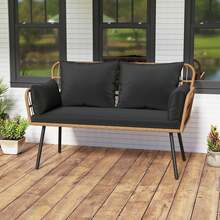 Patio Wicker Loveseat Furniture With Seat Back Cushions, Heavy-Duty Metal Legs Off-White/Black - Black - View 1
