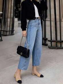 优雅波西米亚风女式中弹七分牛仔裤，做旧水洗，纽扣和口袋细节设计，休闲春季款 - 中等水洗藍 - 查看 5