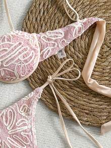Women's Embroidered Crochet Bikini Set Featuring Underwire Bra And Side Tie Bottoms For A Chic Beach Look - Pink - View 4