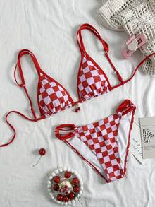 2026 New European & American Style Dual-Tone Plaid Sexy Casual Backless Bow Tie Fitted High-End Date, Vacation, Party, Beach Bikini Set Set - Multicolor - View 2