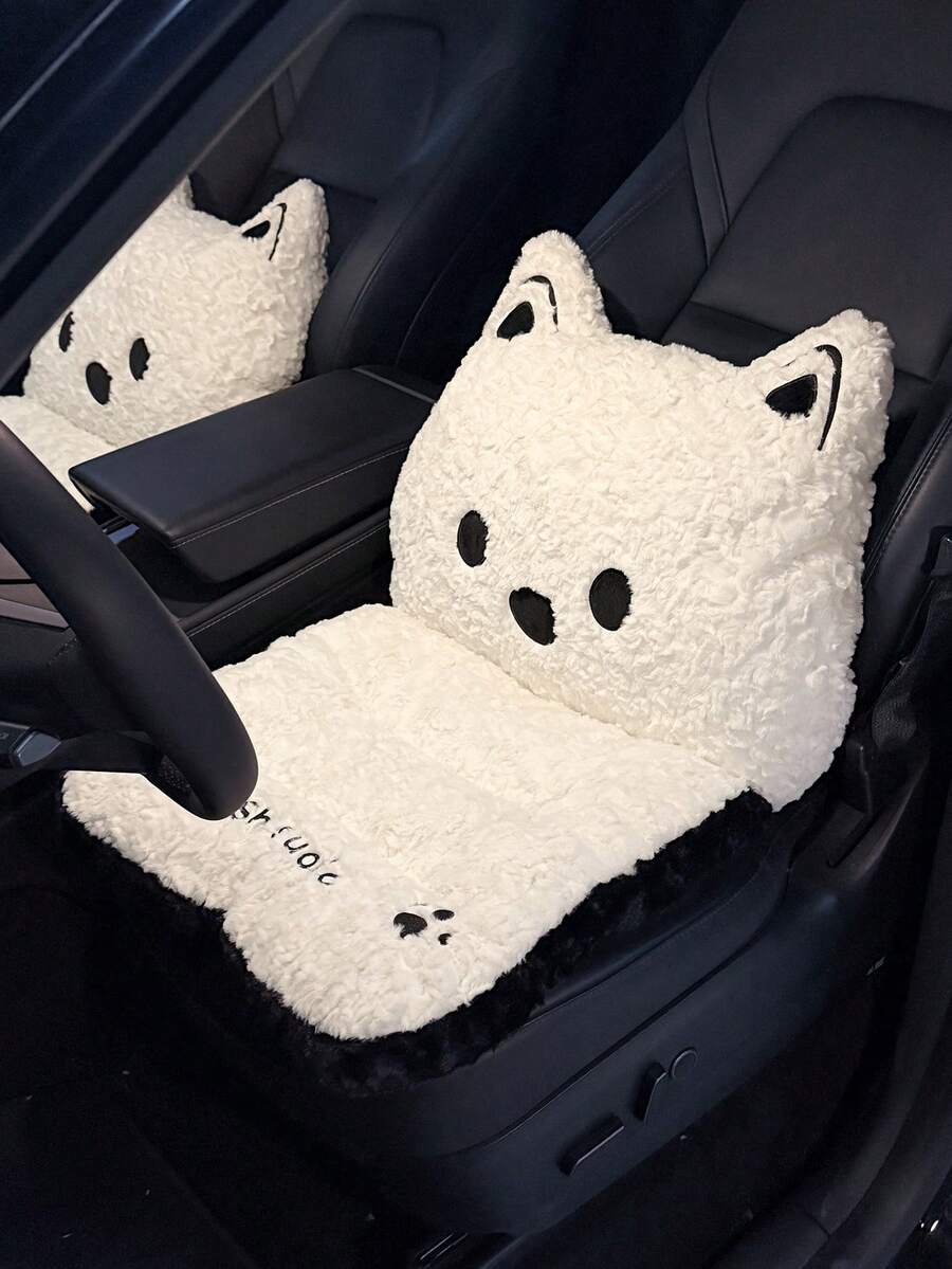 1 pieza Cojín de asiento de coche para invierno, almohadilla de asiento mullida para prevenir el dolor de cadera, con soporte lumbar integrado, diseño lindo para mujeres, cojín de asiento de coche para aumentar la altura - Blanco y Negro - Ver 1