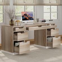 White Desk With 7 Drawers, 54 Inch Executive Desk With Drawers For Bedroom, Home Office Desk With Drawers For Work Writing Study, Small Spaces, White/ Walnut/ Brown - 核桃 - 查看 6