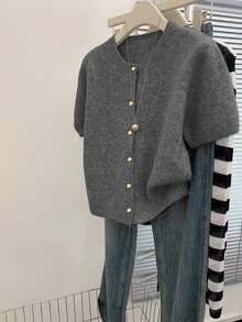 Women's Cardigan, Women's Outdoor Jacket, Women's Sweater, Women's Urban Casual Wear, Elegant Knit Series, Spring/Summer Women's Styles, Gray Fitted Knit Cardigan, Fashionable & Comfortable Casual Wear For Autumn, Simple Commute & Home Wear Design, Round Neck Short Sleeve Metal Button Women's Cardigan, 2026 New Arrival