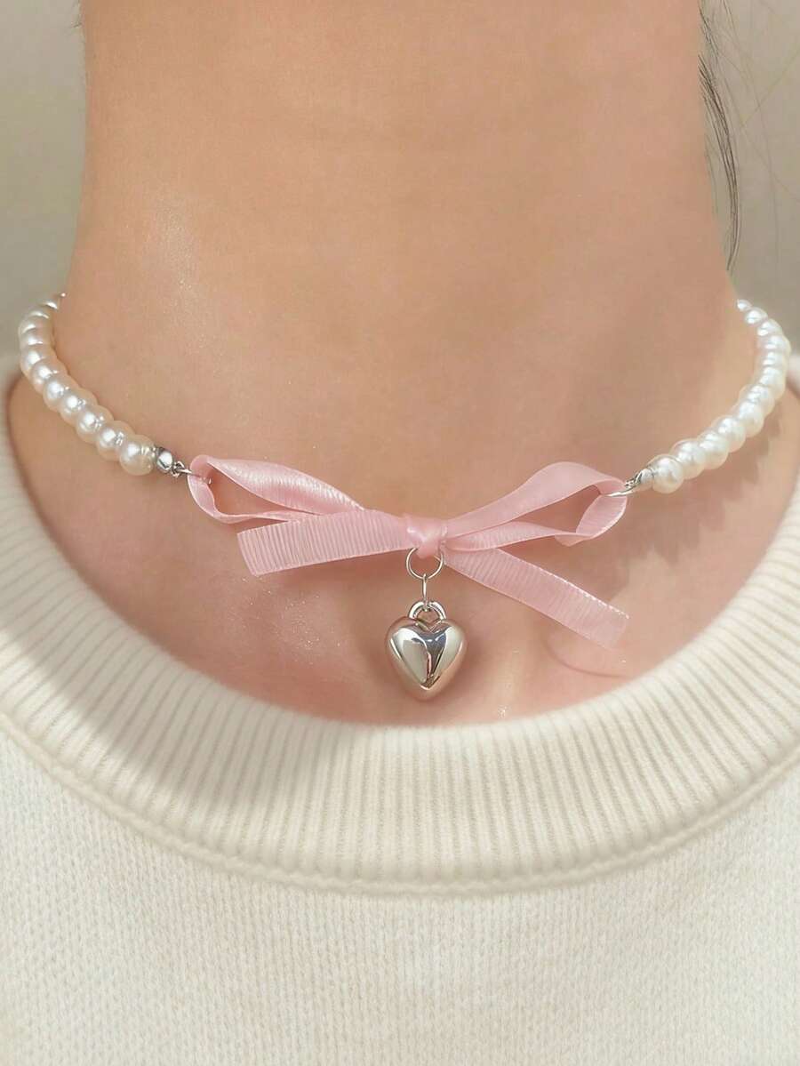 1 件法式粉色心形蝴蝶结百搭珍珠项链小众设计甜美纯洁锁骨链 - 粉色 - 查看 1