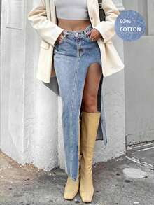 Women's Sexy Y2K Pocketed High Slit Hem Casual Denim Mini Skirt - Light Wash - View 2