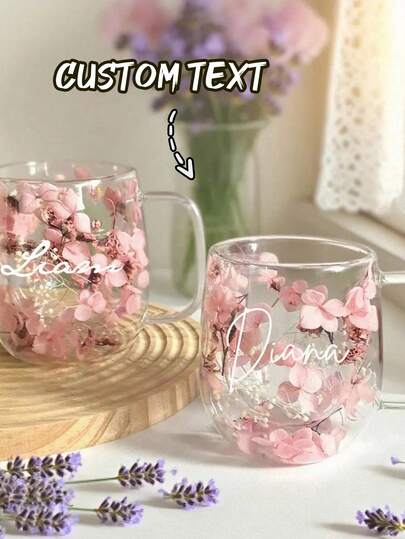 Customized Handmade Glass Mug With Dried Flowers, Personalized Floral Plant Drinkware, Customizable Name Text, Coffee/Tea Cup, Home Decor, Commemorative Gift, Suitable For Girlfriend, Mother, Daughter, Family, Valentine's Day, New Year, Birthday, Holiday Celebration, Housewarming, Elegant And Unique Gift Choice