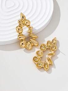 1对不对称几何水滴形耳钉，女士百搭款 - 金黃色 - 查看 5