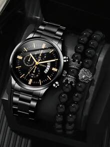 Bộ 3 món thời trang và đa năng gồm đồng hồ nam dây thép không gỉ, máy quartz, kèm vòng tay hạt hình sư tử, phù hợp cho công việc, các buổi gặp gỡ và sử dụng hàng ngày, món quà tuyệt vời dành cho nam giới. - màu đen - Xem 1