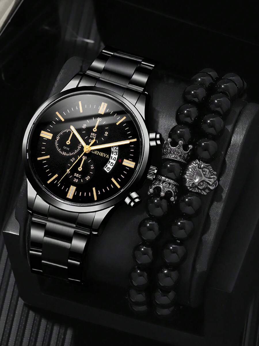 Bộ 3 món thời trang và đa năng gồm đồng hồ nam dây thép không gỉ, máy quartz, kèm vòng tay hạt hình sư tử, phù hợp cho công việc, các buổi gặp gỡ và sử dụng hàng ngày, món quà tuyệt vời dành cho nam giới. - màu đen - Xem 1