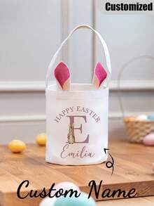 Customized Easter Basket With Rabbit Handle - Personalized Easter Egg Hunt Tote Bag - Holiday Easter Party Bag, Fun Design, Party Decor, Suitable For Holiday Gifts, Spring/Summer Party Decoration