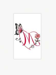Waterproof, Sweat-Resistant, And Washable. This Romantic Red-Toned Niche Sweet And Cool Letter Decorative Temporary Tattoo Sticker, Featuring Rose And Butterfly Elements, Can Be Used On The Shoulder, Back, And Collarbone. - Multicolor - View 2