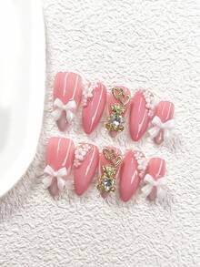 10Pcs Valentine's Day Pink Nail Set,Hand-Drawn French Manicure Press-On Nails,Mid-Length Almond Nail Art Stickers,Square Nails,Duckbill Nails,3D Cute Metal Bear Fake Nails, Alloy Heart, Bow,Pink And White Five-Petaled Flowers Decor Nails,Pink Nails,Includes Tool Kit(1 Sheets Jelly Stickers+1PC Nail File), Suitable For Women & Girls, Daily Photograph,Party,Valentine's Day,Anniversary, Wedding Wear Supplies Nails - 彩色 - 查看 16