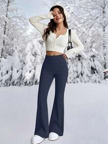 Women's High Waist Flare Pants, Thick Warm Leggings For Winter Fitness, Soft Yoga Pants - Navy Blue - View 4