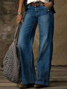 Womens Jeans, Y2K Style Women's Wear, High Street Straight-Leg Jeans, Casual Versatile Pants, Jeans>Pants, Suitable For All Seasons, With Multiple Pockets And Button Designs, Religion>Clothes, Suitable For Going Out, Cocktail Parties, Parties, Christmas, Nightclubs, Banquets, Film Festivals, Cinemas, Balls Cocktail Party, Bar, Wedding, Graduation Ceremony, Homecoming, Birthday Party, Rebellious Girl, Holiday-Themed Party, Out Dress, Streetwear, Fashion Show, Date, Valentine 's Day, Out Work University, School Village, Concert, Street Girl, Girl, Country Outfits Women, Out Best Women, Ladies' Vacation Clothing Country Concert Outfit,New Years Outfit Women, Valentine's Day, Clothes, Valentine Outfits For Women - 寶藍色 - 查看 3