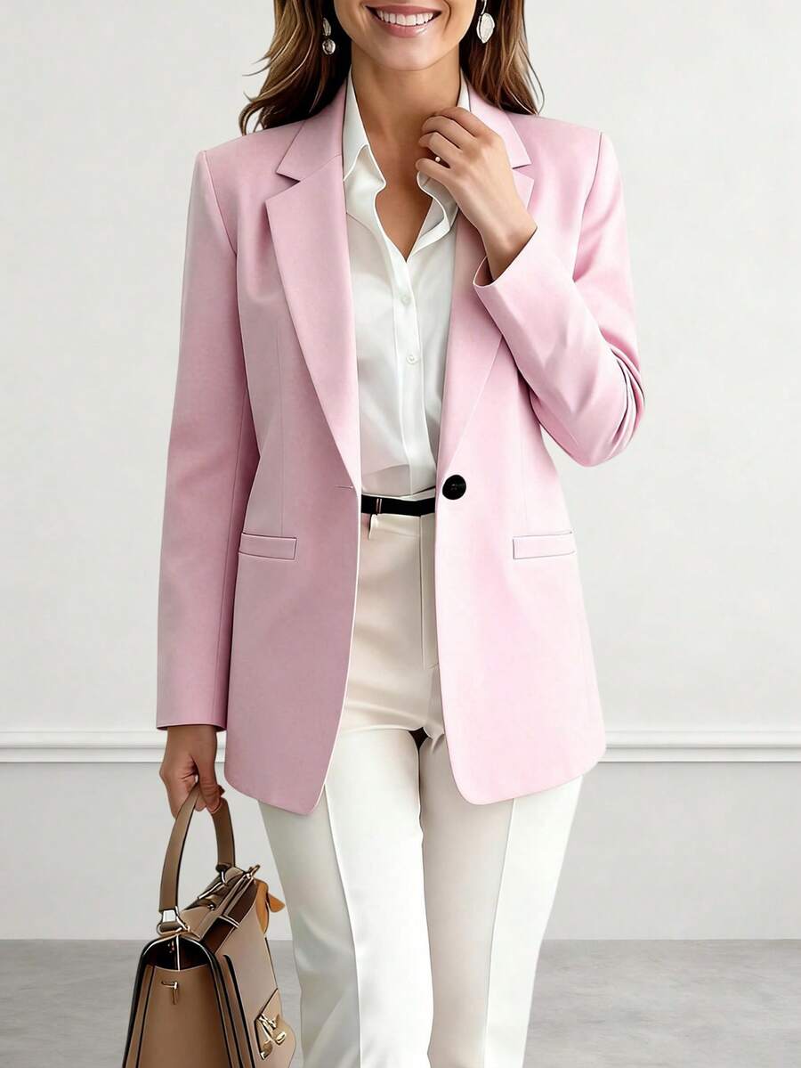 Women's Pink Long Sleeve Lapel Button Regular Woven Fabric Blazer Jacket Versatile Outerwear - Pink - View 1